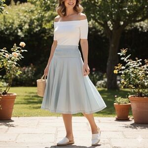 Ted Baker London Sz 1 Light Blue Cotton Smocked Waist Beaded Lace A-Line Skirt